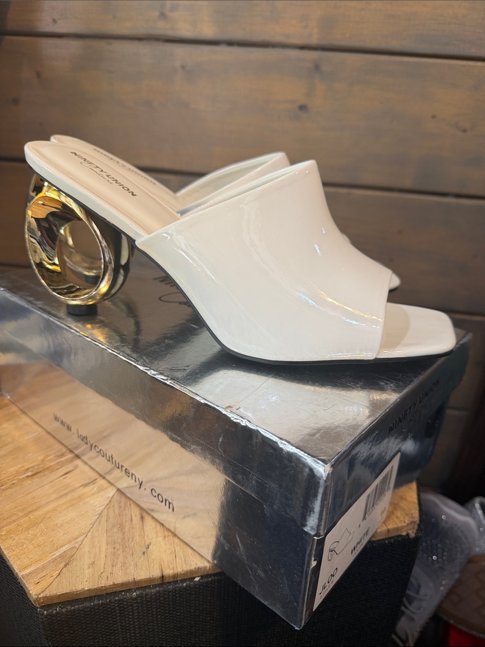 Ladies White Patent Slide Sandal with Sculpted Gold Heel (New with box )